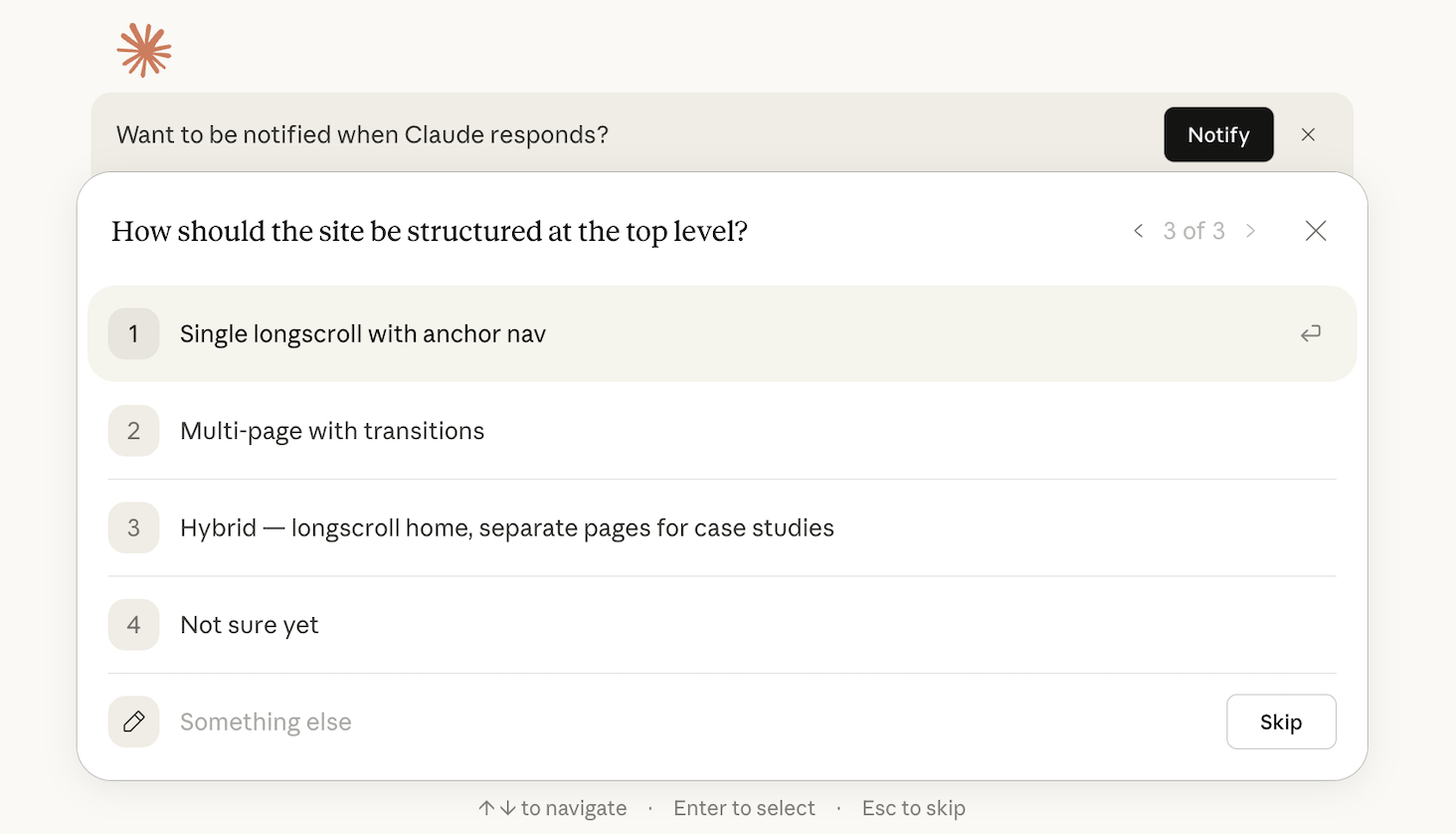 Claude acting as a creative strategist, identifying gaps and asking clarifying questions about design direction