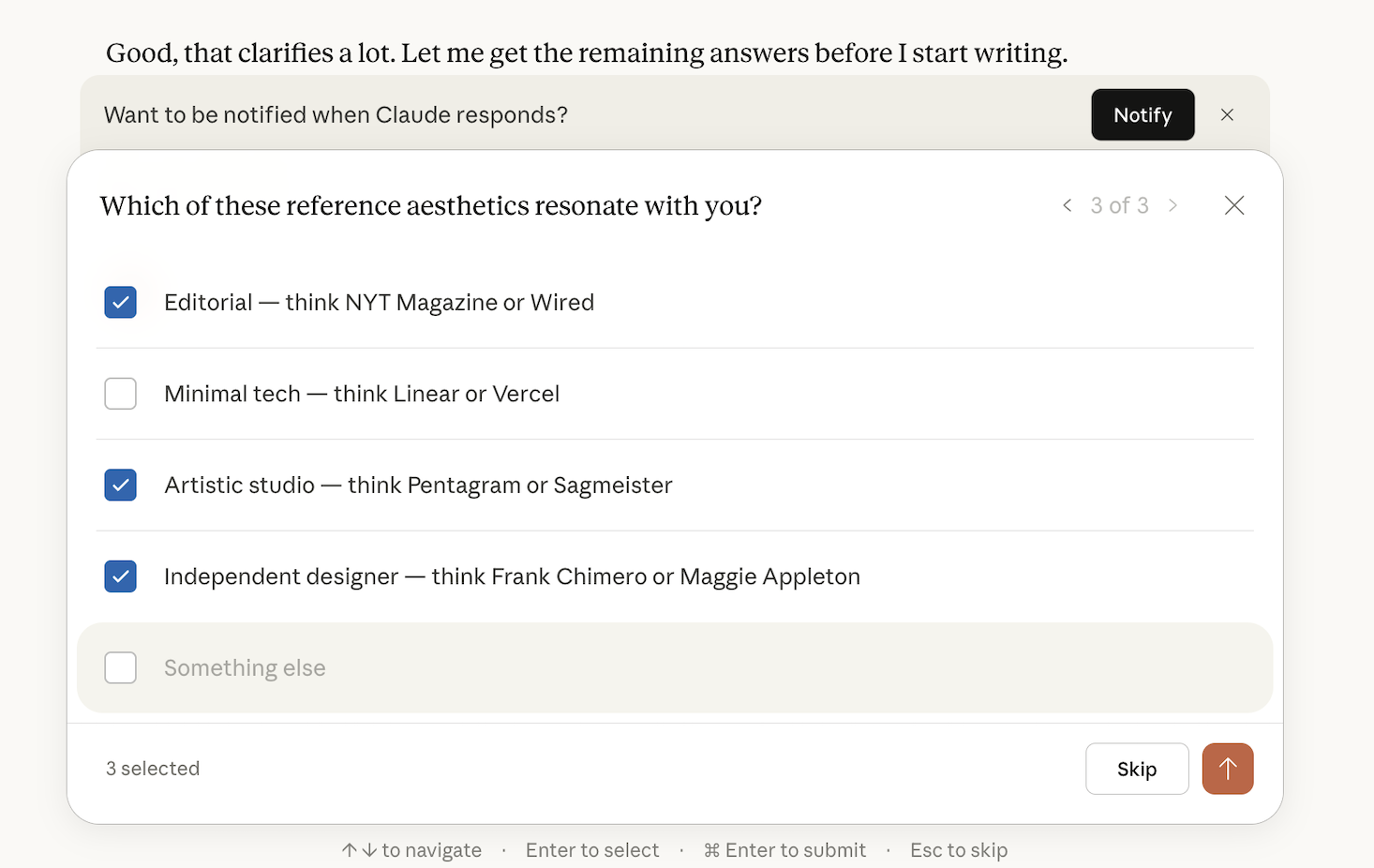 Claude describing design direction options with real brand examples as reference points