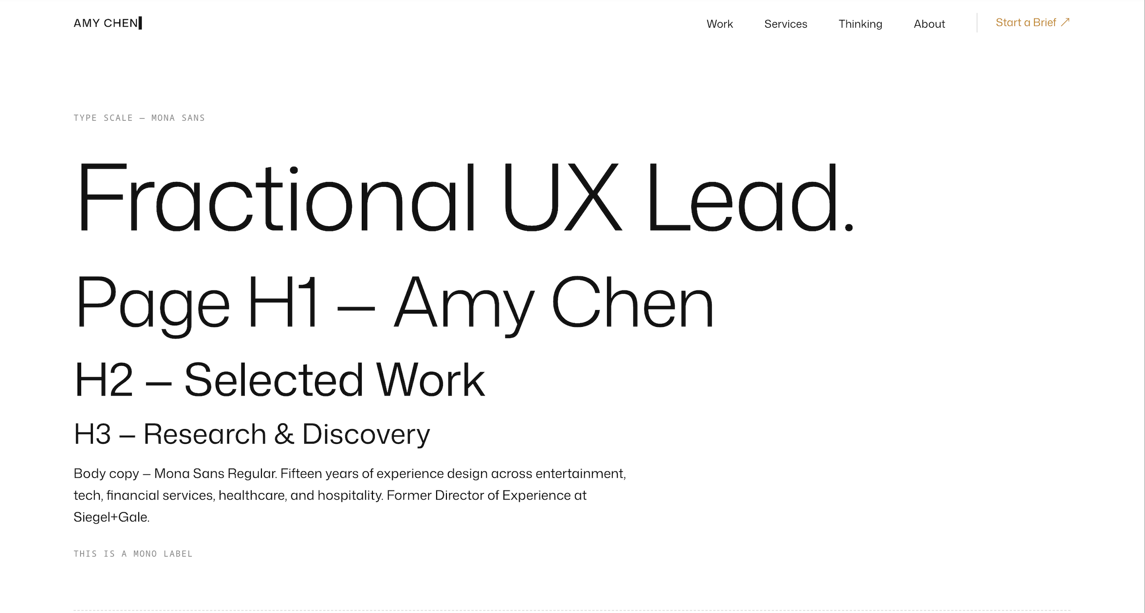 Home page output from Approach 2 — a design that followed the brief's process correctly but didn't capture the intended visual direction
